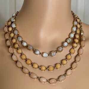 Ann Taylor Cabochon Necklace Triple Strand Faux Stone Gray/Butterscotch/Peach